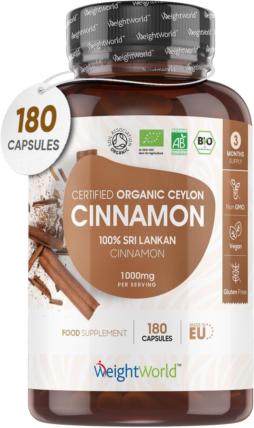 Organic Cinnamon Capsules 1000Mg - 180 Vegan Capsules - Ceylon Cinnamon Powder - Soil Association Certified Digestion Supplement - Rich Source of Calcium - GMO & Gluten Free