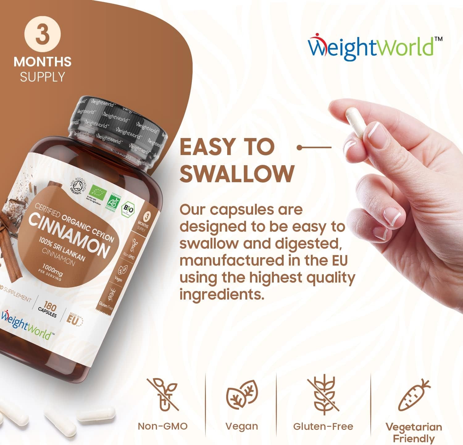 Organic Cinnamon Capsules 1000Mg - 180 Vegan Capsules - Ceylon Cinnamon Powder - Soil Association Certified Digestion Supplement - Rich Source of Calcium - GMO & Gluten Free