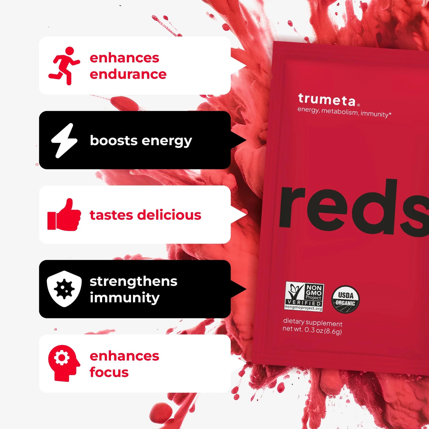 Super Reds Powder 14 Packets for Immune Support, Energy, Memory; Reds Superfood Powder Blend