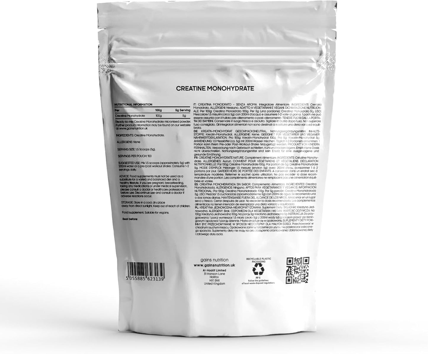 GN Creatine Powder | 500G High Strength Creatine Monohydrate Powder - 5G Creatine per Serving | Unflavoured Filler Free Creatine Monohydrate | Non-Gmo & Gluten Free