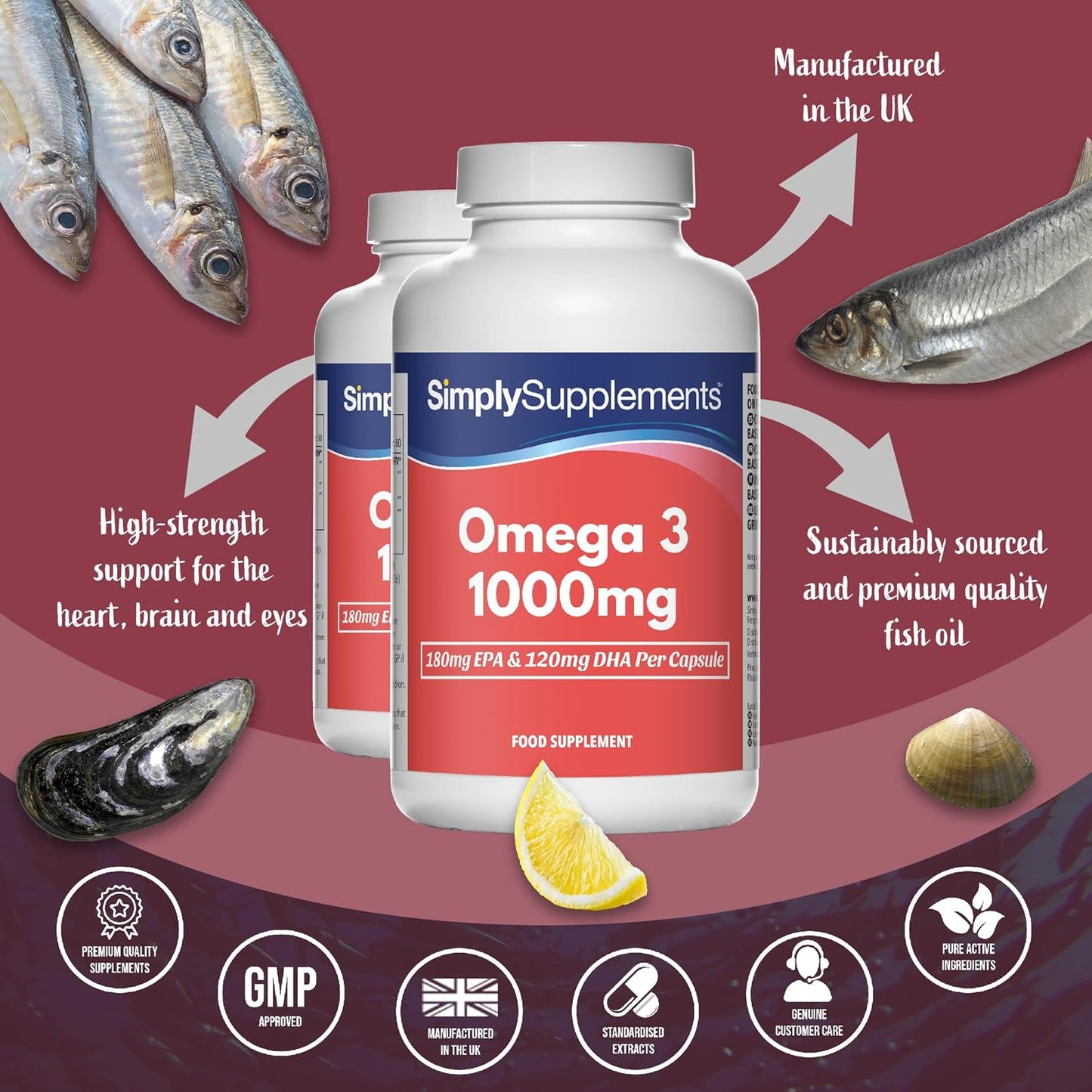 Pure Omega 3 1000Mg Capsules | Supports Heart, Brain & Eye Health | Rich in Omega 3 Fatty Acids | 540Mg of EPA and 360Mg of DHA per Serving | 360 Capsules = 4 Months’ Supply | Made in the UK